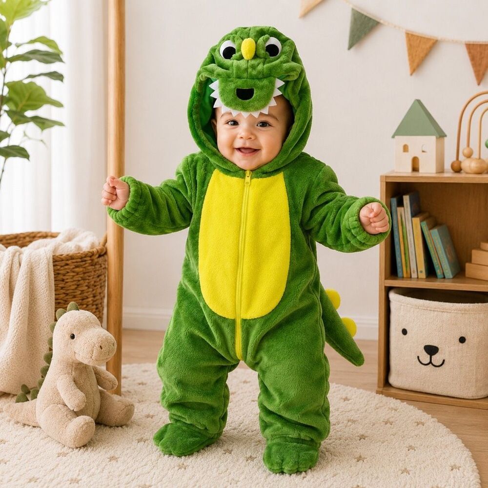 Baby/Toddler Green Dinosaur Costume Hooded Plush Jumpsuit 6-12 Months 73/48